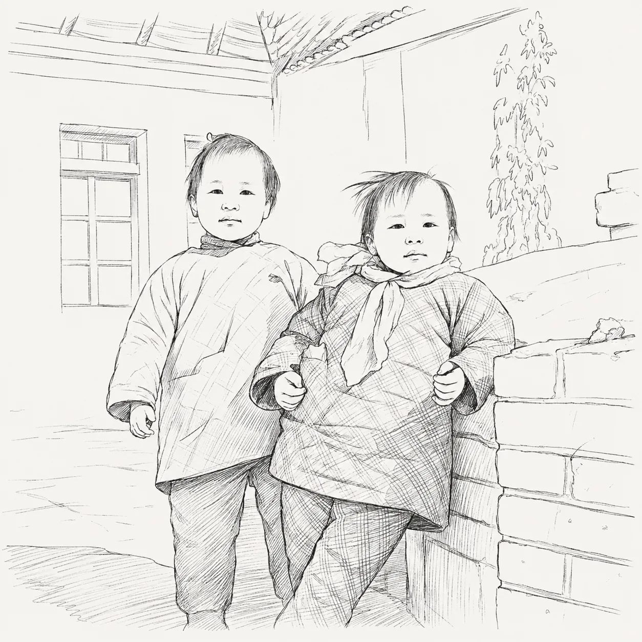 两个穿着棉衣的孩子站在院子里,左边是作者的母亲,右边是她的妹妹。